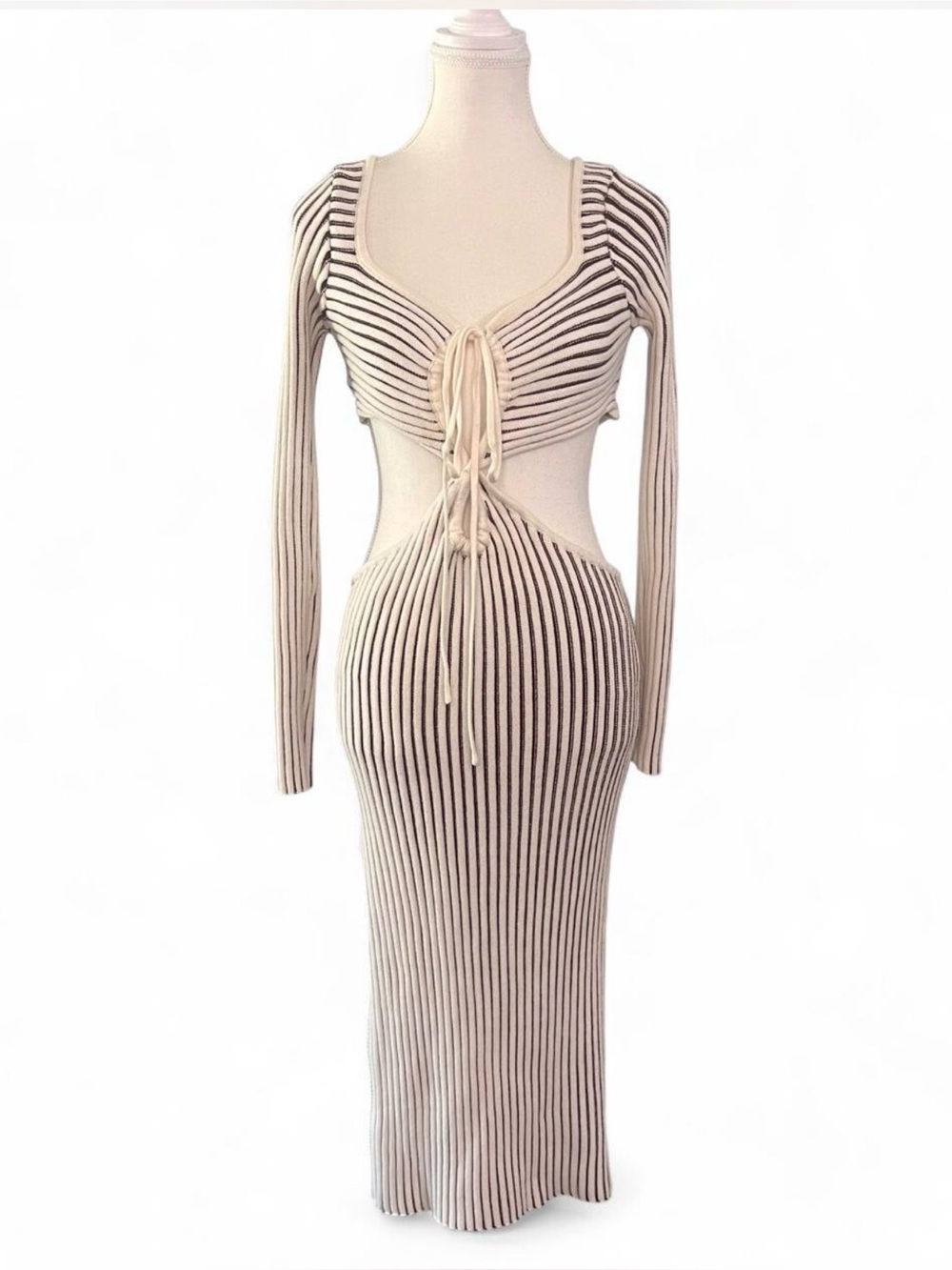 Fashion Nova Ribbed stripped Cutout Midi Dress Open Back Bodycon Size M